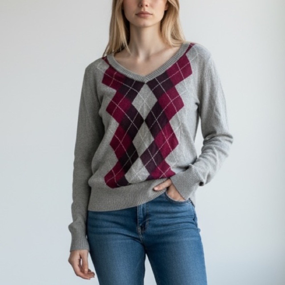 Argyle Plaid Burgundy Grey Preppy Cotton Long Sleeve Sweater Size Small
